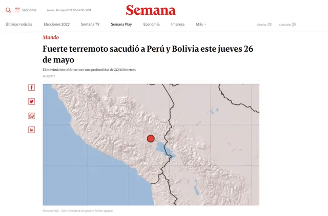 Así informó Semana de Colombia sobre el sismo en Puno. Foto: Semana