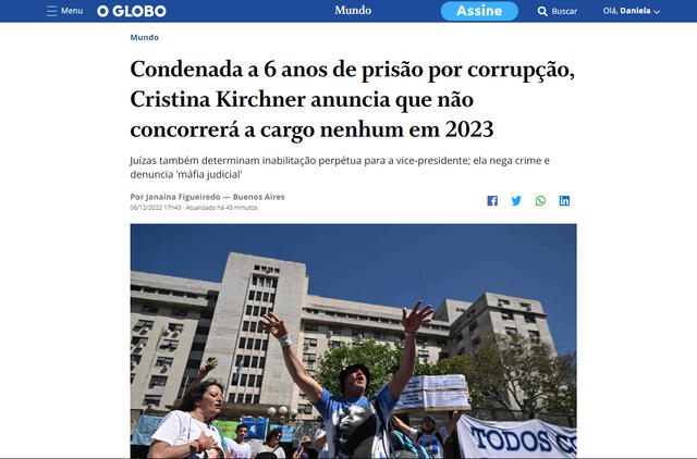 Así informó la prensa internacional sobre la condena a prisión a Cristina Kirchner. Foto: captura O Globo.