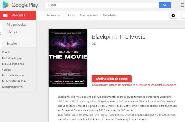 BLACKPINK The Movie: fans esperan que la película se active por Google Play Movies. Foto: captura