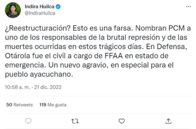 Indira Huilca se mostró en contra de la designación de Otárola como titular de la PCMFoto: Indira Huilca/Twitter