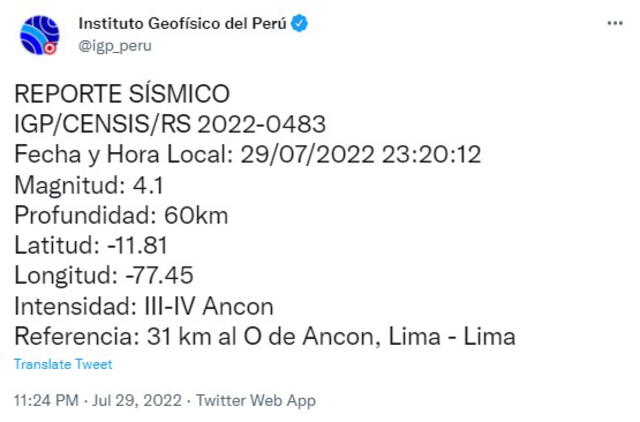 Datos del sismo en Lima. Foto: captura de Twitter @igp_peru