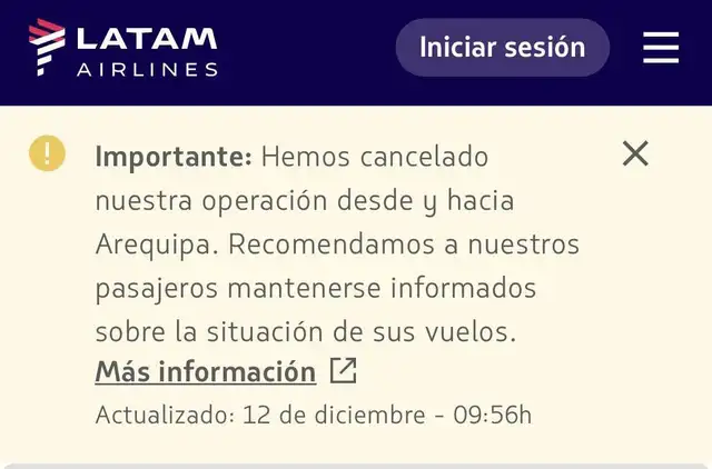 Latam cancela viajes de y hacia Arequipa.