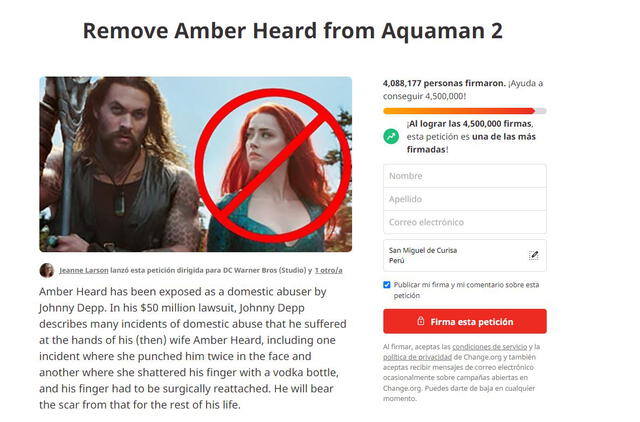 Amber Heard da vida actualmente a Mera. Ella volverá para la secuela de "Aquaman". Foto: Change.org