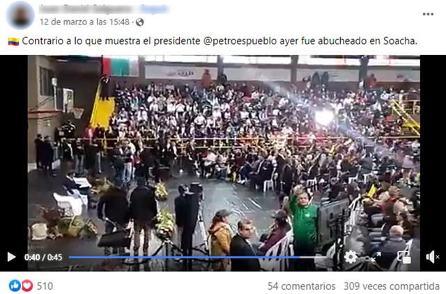  Publicación que señala que el abucheo en Soacha es supuestamente contra Gustavo Petro. Foto: captura en Facebook.    