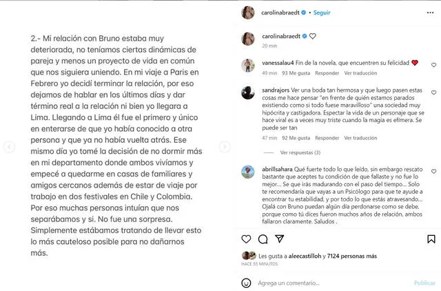 Comunicado de Carolina Braedt en el que señala que su exesposo, Bruno Vega, sabía que tenía otra pareja en Francia. Foto: captura/Carolina Braedt/Instagram   