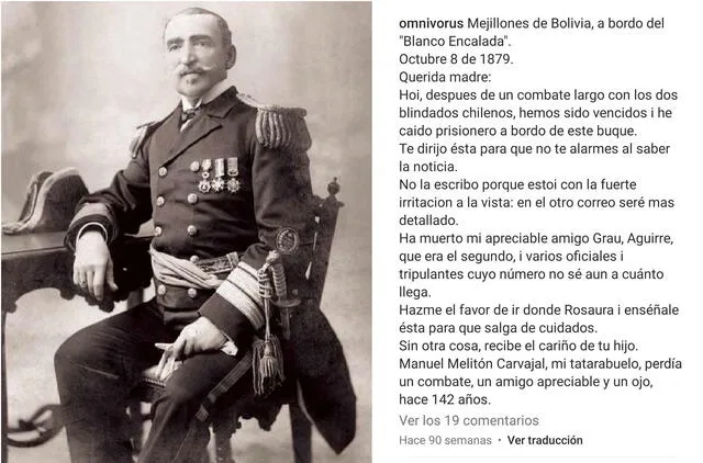  9.10.2021 | Javier Masías transcribe la carta de Melitón Carvajal a su madre. Foto: captura de Instagram<br><br>    