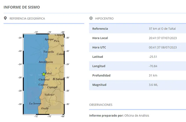 Último temblor registrado en Chile. Foto: CSN