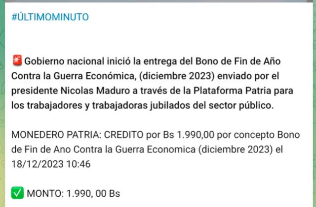 Anuncio del Bono de Guerra para jubilados en diciembre 2023. Foto: Canal Patria Digital   