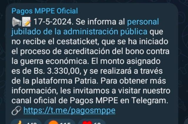 Anuncio del Bono de Guerra para los trabajadores jubilados del MPPE. Foto: Pagos MPPE   