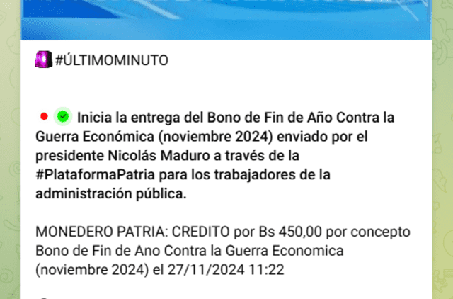 El pago adicional del Bono de Guerra de este mes fue anunciado el 27 de noviembre. Foto: Canal Patria Digital/ Telegram