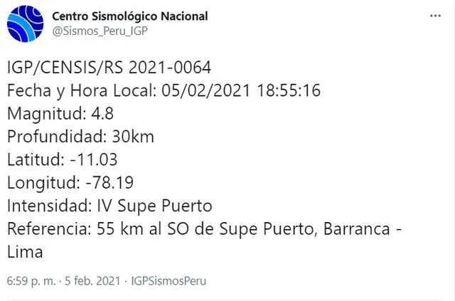 Último sismo reportado por el Instituto Geofísico del Perú. Foto: captura/Twitter