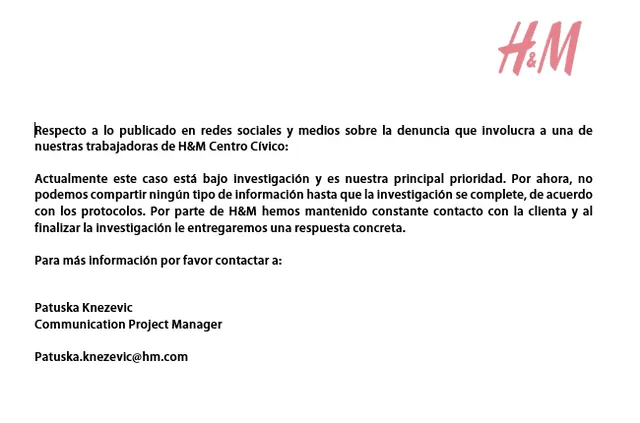 Comunicado de H&M.