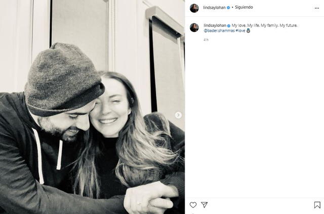 Lindsay Lohan se comprometió con su novio Bader S Shammas y lució lujoso anillo. Foto: Lindsay Lohan/Instagram