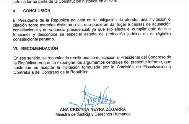 Conclusión del Ministerio de Justicia sobre la no obligación en la participación del presidente ante comisiones investigadoras del Congreso.