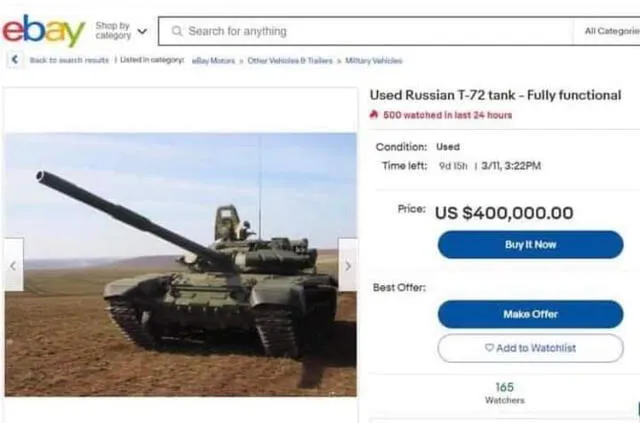 Imagen difundida de una supuesta captura de pantalla de la plataforma de comercio, eBay, donde se estaría ofertando un tanque ruso usado. Fuente: Captura LR, Facebook.