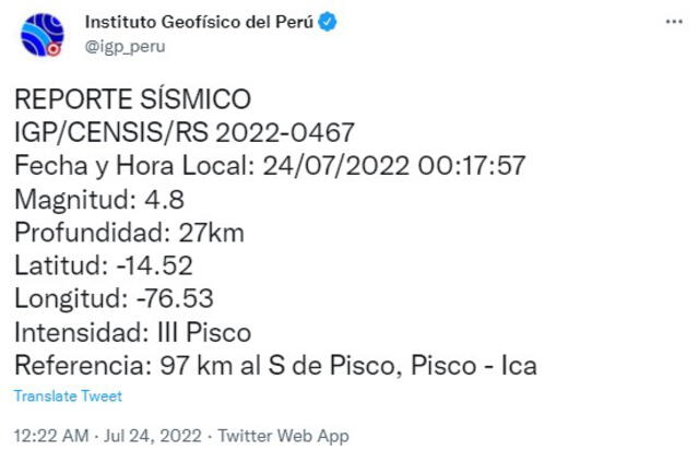 Datos del sismo en Ica. Foto: captura de Twitter @igp_peru
