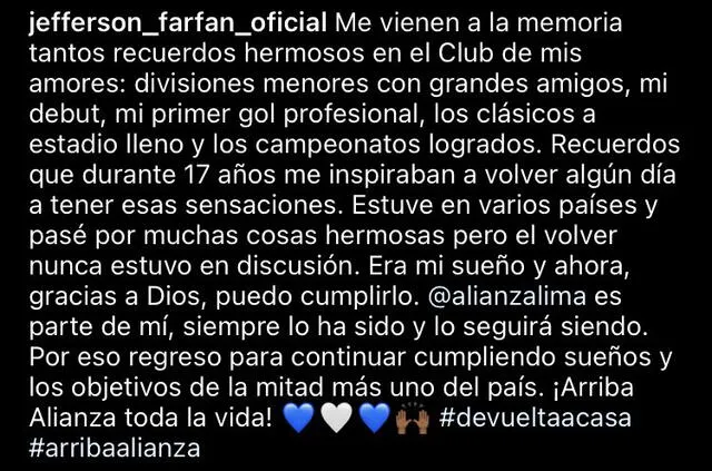 El mensaje de Farfán tras regresar a Alianza Lima después de 17 años. Foto: Instagram - Jefferson Farfán