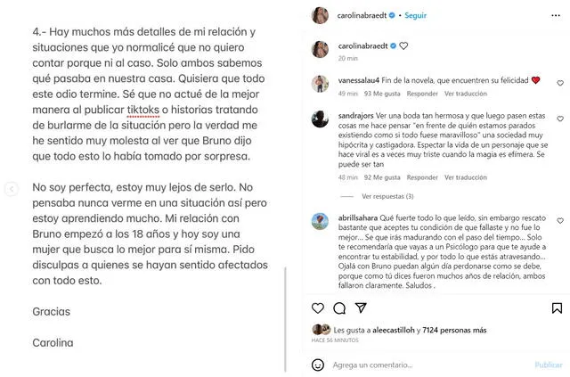 Carolina pide que se detengan los comentarios de odio y reconoce su error. Foto: captura de Instagram/Carolina Braedt   