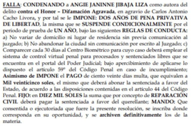  Angie Jibaja cumplirá dos años de prisión suspendida tras fallo en su contra. Foto: Poder Judicial   