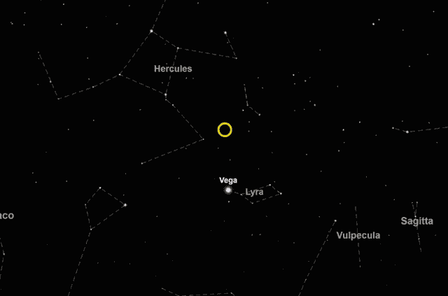  El radiante de las Líridas (círculo amarillo) se ubica entre la constelación de Lyra y Hércules. Foto: Time and Date   