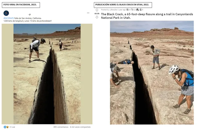  Comparación entre imagen viral en Facebook (izquierda) y la fotografía compartida en Reddit (derecha). Foto: composición LR/Facebook/Reddit.    
