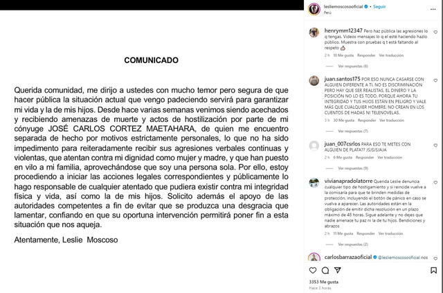  Leslie Moscoso denuncia a su esposo por amenazarla de muerte. Foto: Instagram   