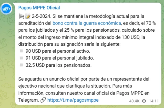  El Bono de Guerra para pensionados ascendió de 905 bolívares a 1.183 bolívares. Foto: Pagos MPPE Oficial/Telegram   