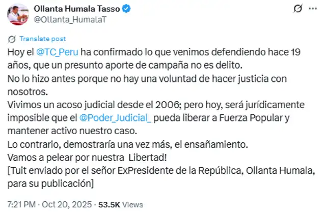  Tweet del expresidente Ollanta Humala tras el fallo del TC.   