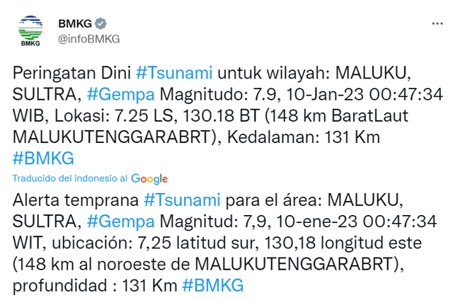 Alerta de tsunami en Indonesia. Foto: @infoBMKG/Twitter