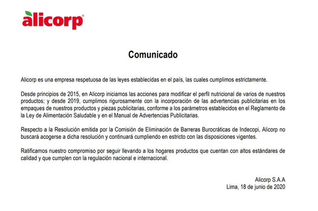 Comunicado de Alicorp.