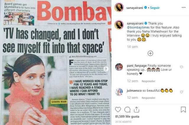 Sanaya Irani compartió en Instagram una entrevista donde volvió a levantar polémica al criticar a las producciones televisivas y porqué ya no actuaba en ellas. Agosto 2019.