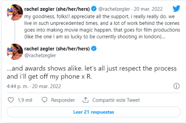 Rachel Zegler se pronuncia en Twitter por su falta de invitación a los Oscar 2022. Foto: Twitter
