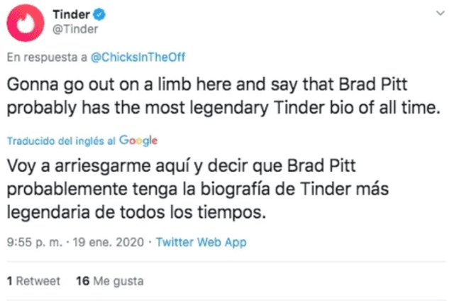 La respuesta de Tinder a Brad Pitt.