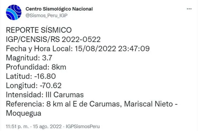 Datos del sismo en Moquegua. Foto: captura Twitter IGP