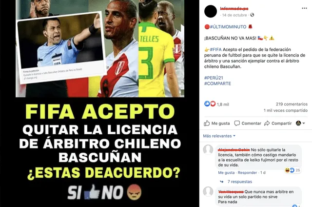 Publicación de Facebook afirma que la FIFA retiró la licencia al árbitro del último partido Perú-Brasil. Foto: Captura.