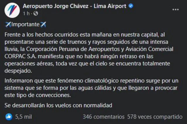 Aeropuerto Jorge Chávez comunicó que los vuelos se desarrollarían con normalidad. Foto: Facebook
