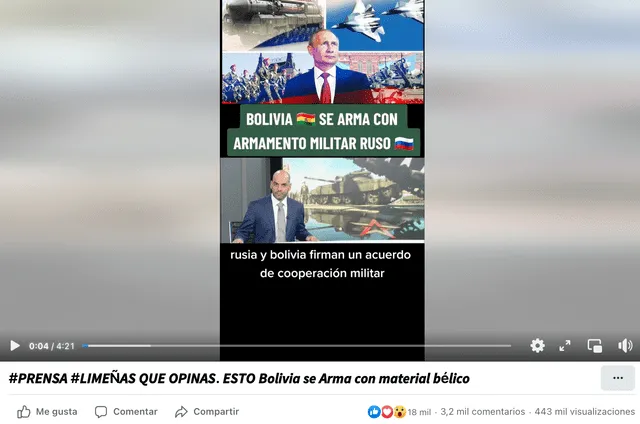 Video difundido con supuesta información actual sobre la alianza militar entre Bolivia y Rusia. Foto: Captura LR/Facebook.   