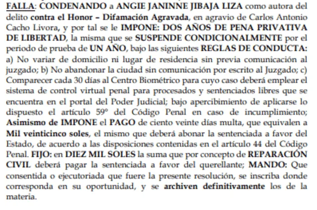 Documento que señala que Angie Jibaja pierde juicio que le entabló Carlos Cacho por difamación y recibe condena. Foto: Poder Judicial<br><br>    