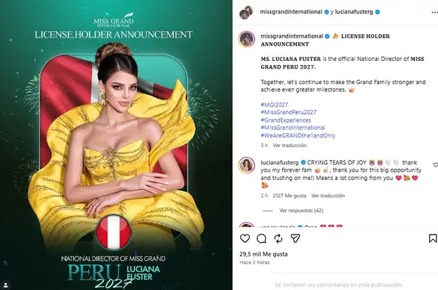 Luciana Fuster celebró su designación como nueva líder del Miss Grand Perú. Luciana Fuster celebró su designación como nueva líder del Miss Grand Perú.