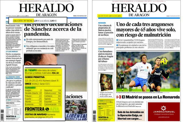 A la derecha de la imagen se encuentra la portada fabricada; en tanto a la izquierda se halla la portada real de Heraldo. Foto: composición.