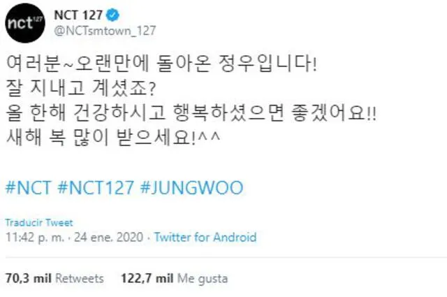 Mensaje de Junwoo por Año Nuevo Lunar en Twitter.