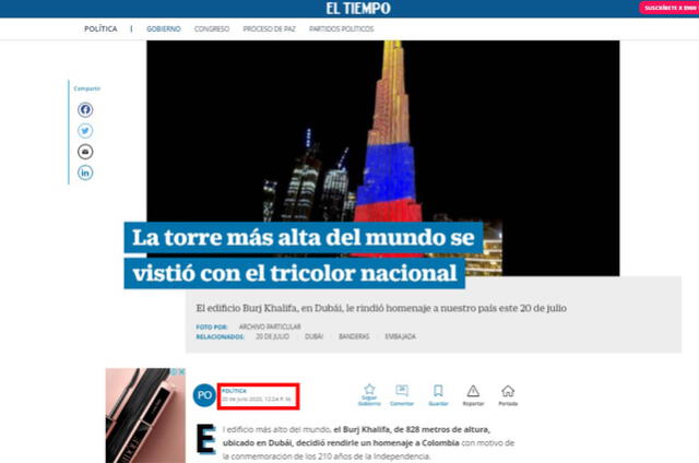 Artículo de El Tiempo. Foto: captura en El Tiempo.