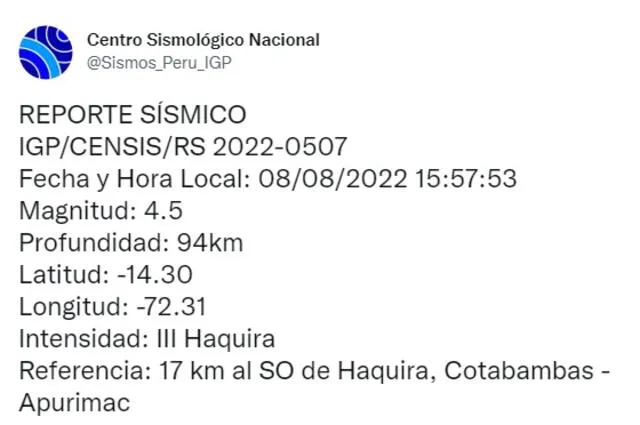 Reporte sísmico del CSN. Foto: captura de Twitter