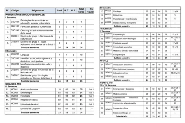  Estos son los cursos que se llevan durante los primeros cuatros años en Medicina Humana. Foto: UNMSM   