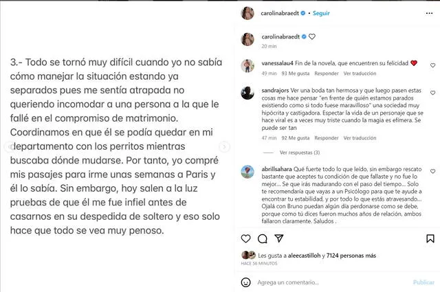 Carolina Braedt confiesa su infidelidad a Bruno Vega con un hombre de Francia. Foto: captura de Instagram/Carolina Braedt   