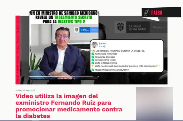  Colombiacheck concluyó que video usa la imagen del exministro Fernando Ruiz para promocionar medicamento contra la diabetes. Foto: captura en web / Colombiacheck.&nbsp;<br><br>    