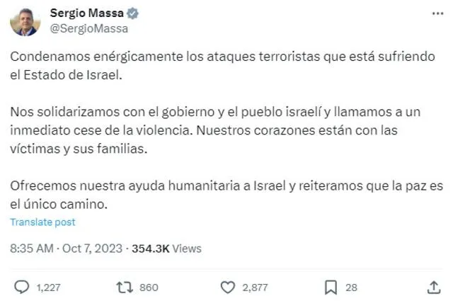 El postulante presidencial Sergio Massa expresó su rechazo por redes sociales al atentado terrorista en Israel. Foto: @SergioMassa 