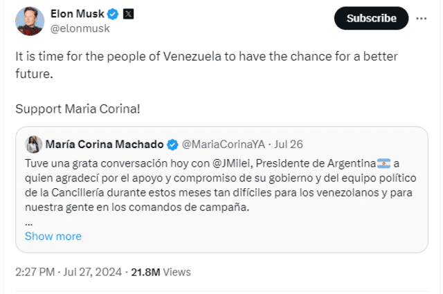 El empresario Elon Musk respaldó a María Corina Machado. Foto: Elon Musk/X   