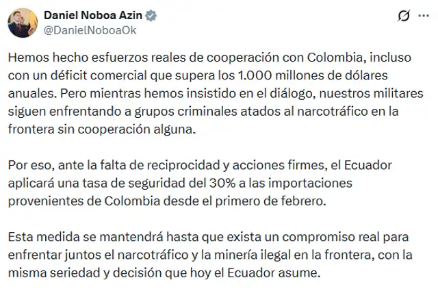  El presidente ecuatoriano anuncia la tasa de aranceles del 30% a las importaciones de Colombia. Foto: DanielNoboaOk / X   
