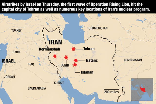 Map showing key Iranian targets hit by Israeli airstrikes on June 13, 2025, including Natanz and other strategic military and nuclear sites. Photo: The New York Post Map showing key Iranian targets hit by Israeli airstrikes on June 13, 2025, including Natanz and other strategic military and nuclear sites. Photo: The New York Post
